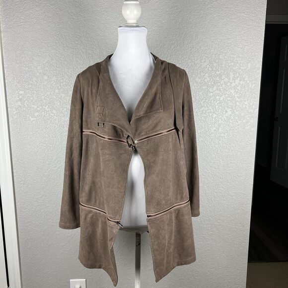 Size M Brown Asymmetric Zipper Ultra Suede Tiered Draped Hip Length Jacket - Picture 3 of 8